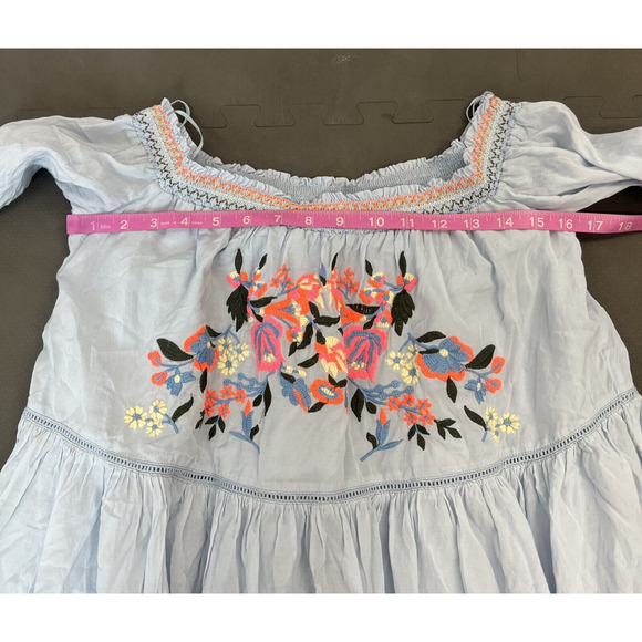 Free People Spell On You Floral Embroidered Dress 3/4 Sleeve Light Blue Medium - Picture 6 of 9